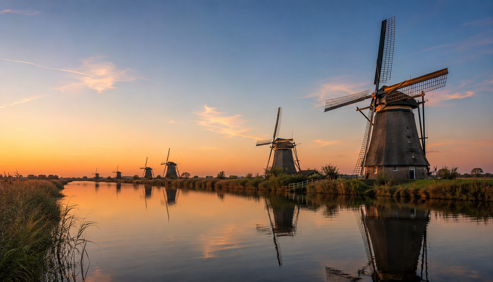 Windmills at sunset over a canal · Netherlands