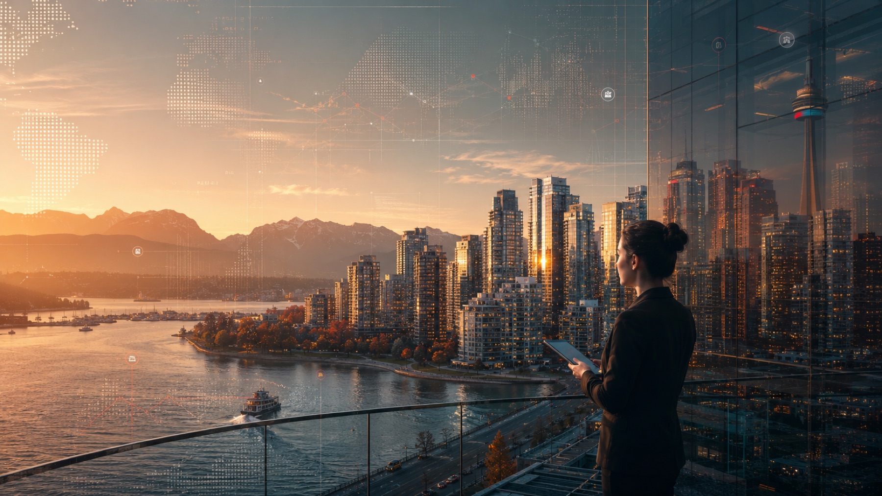 Vancouver and Toronto city signals layered into an immigration allocation board