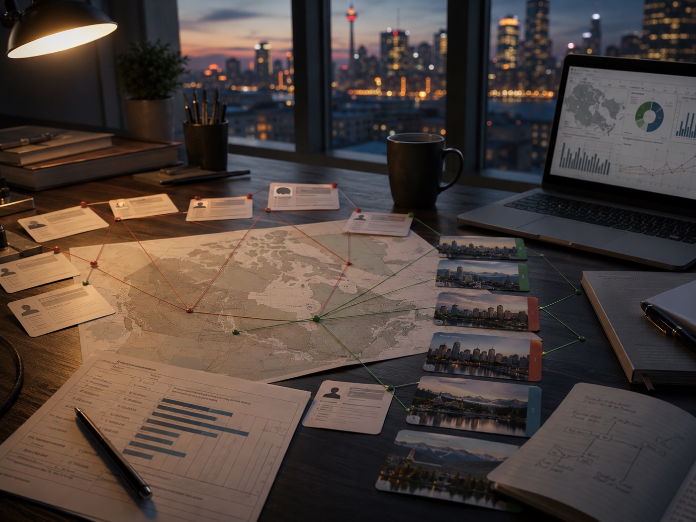 Canada immigration pathway desk with profile cards and route lines