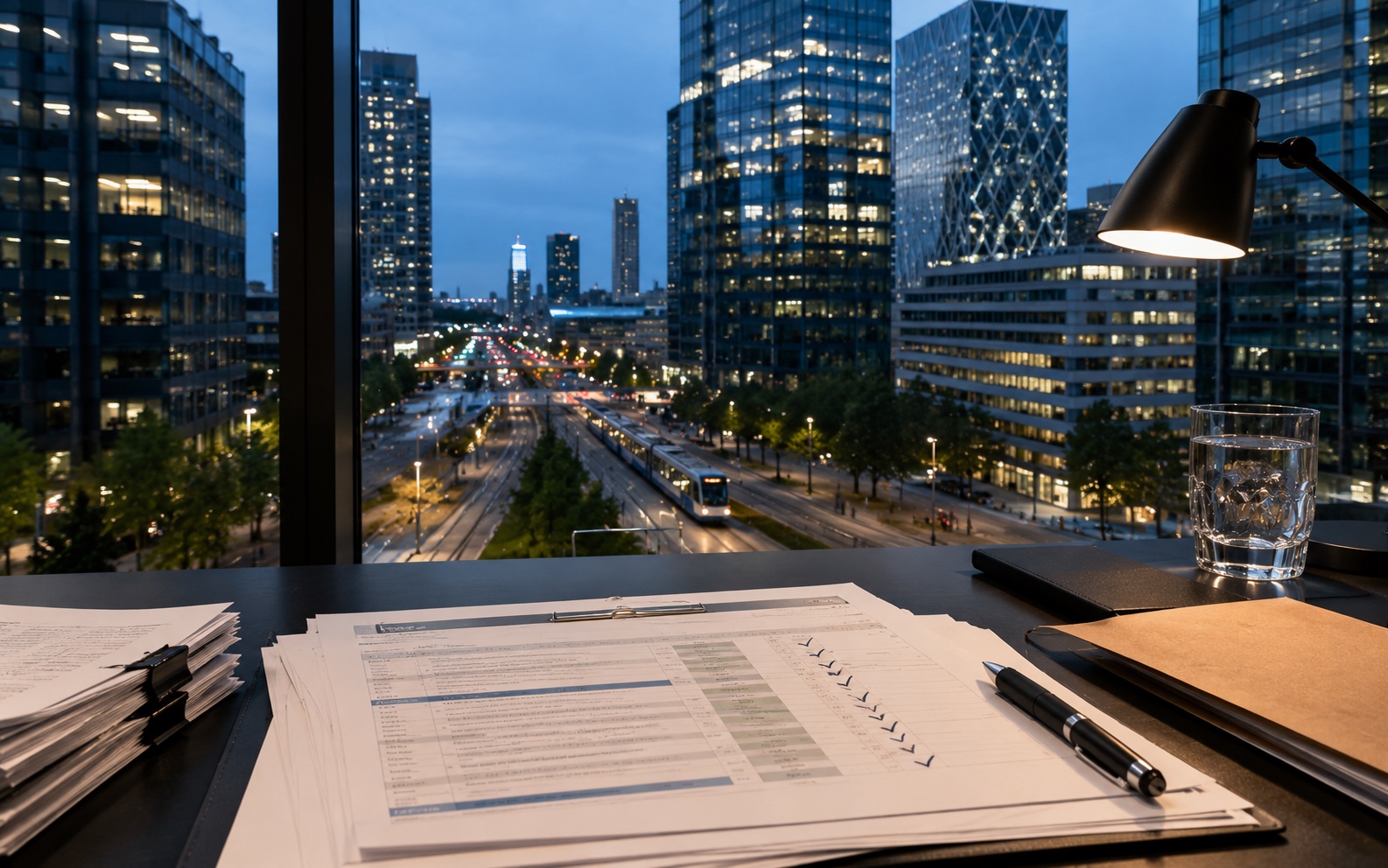 Amsterdam Zuidas office audit desk at blue hour